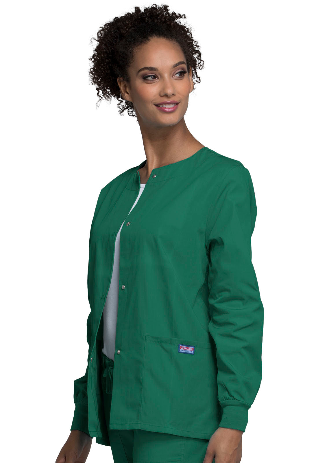 Originals 4350 Snap Front Warm-Up Jacket Hunter Green Model Image Right Side | Cherokee Workwear