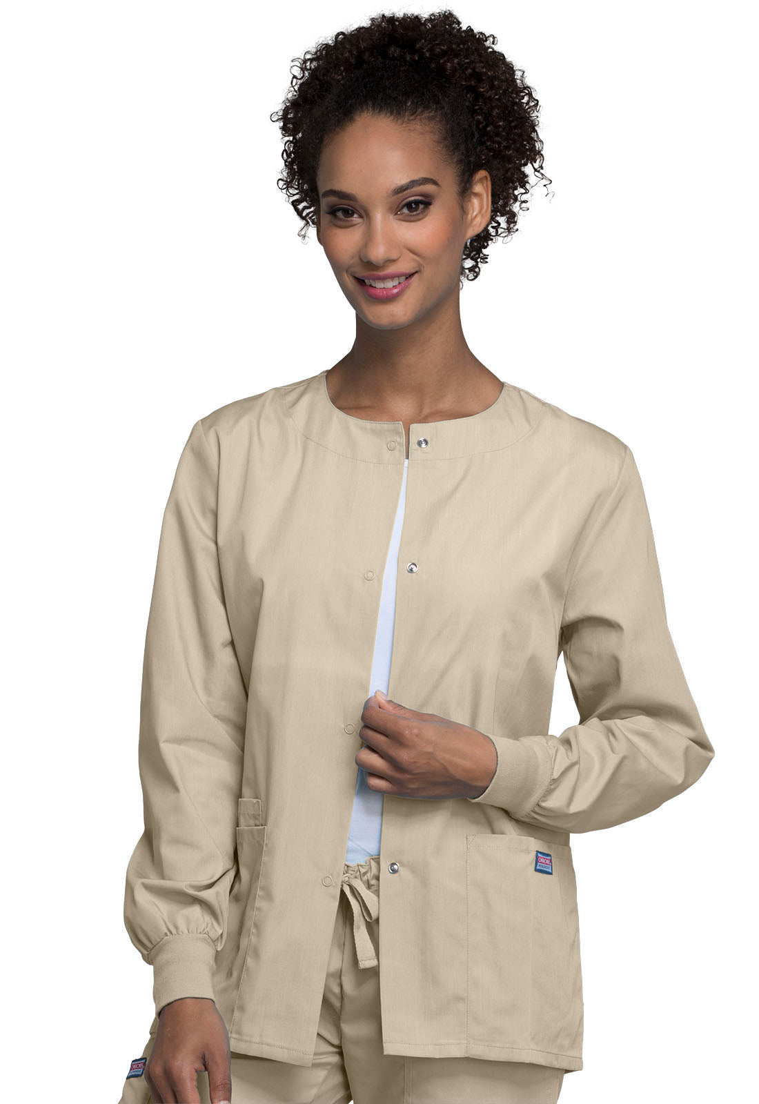 Originals 4350 Snap Front Warm-Up Jacket Khaki Model Image Front | Cherokee Workwear