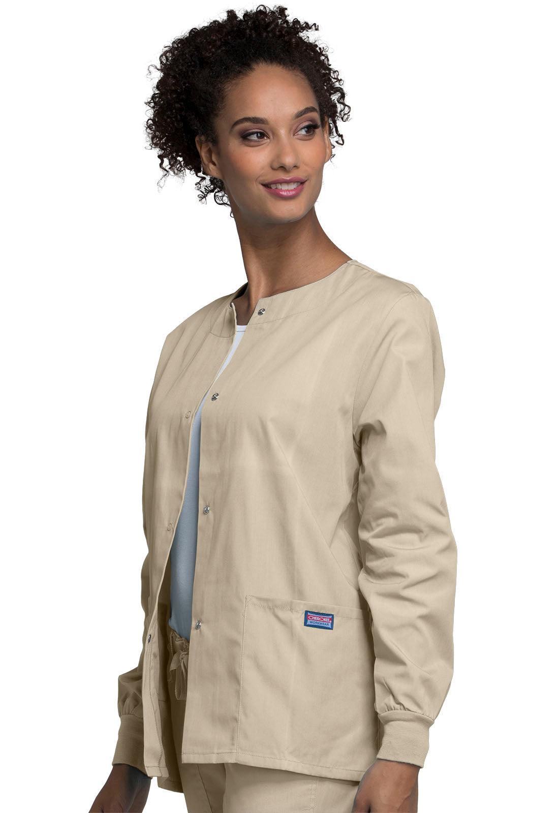 Originals 4350 Snap Front Warm-Up Jacket Khaki Model Image Right Side | Cherokee Workwear