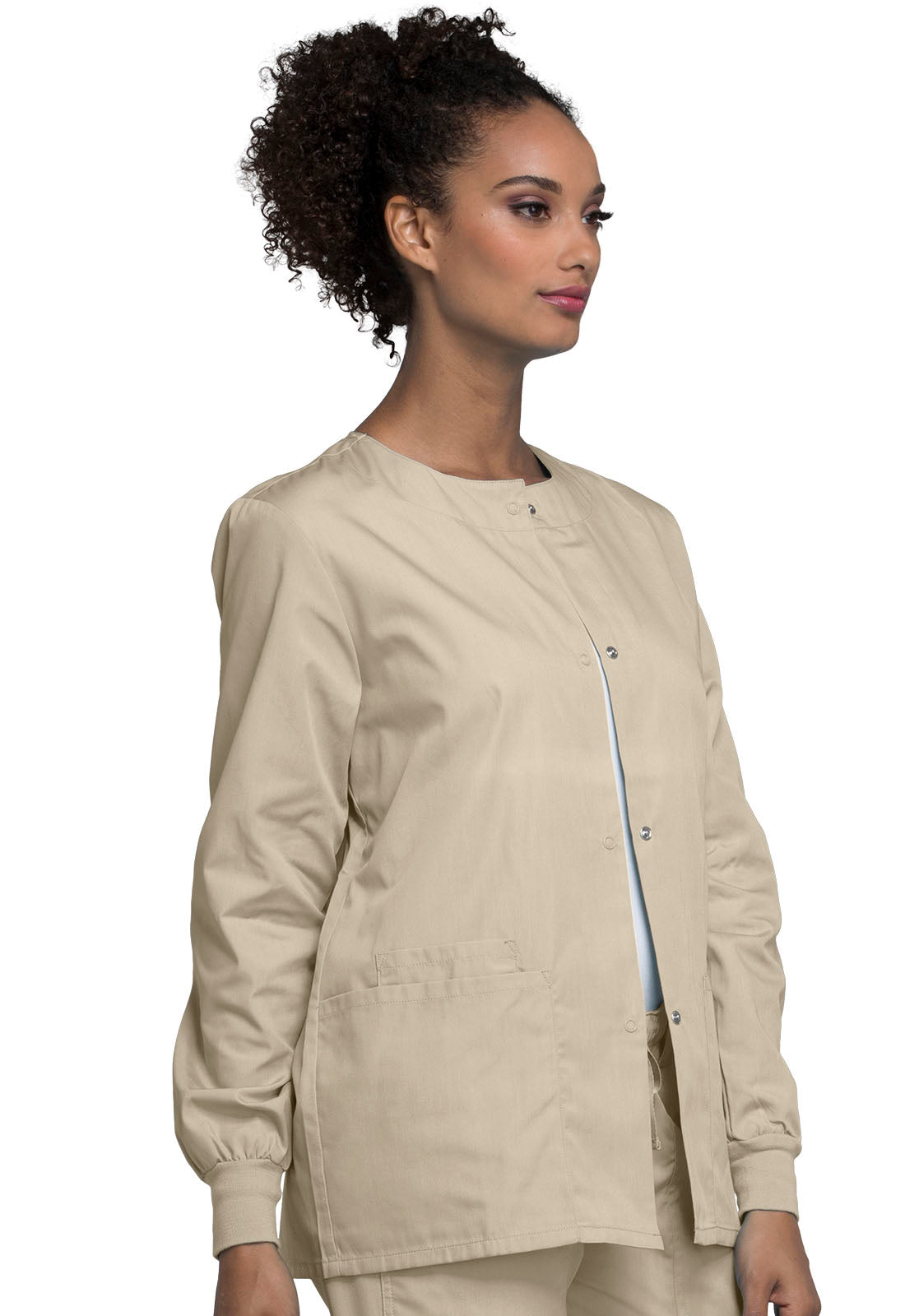 Originals 4350 Snap Front Warm-Up Jacket Khaki Model Image Left Side | Cherokee Workwear