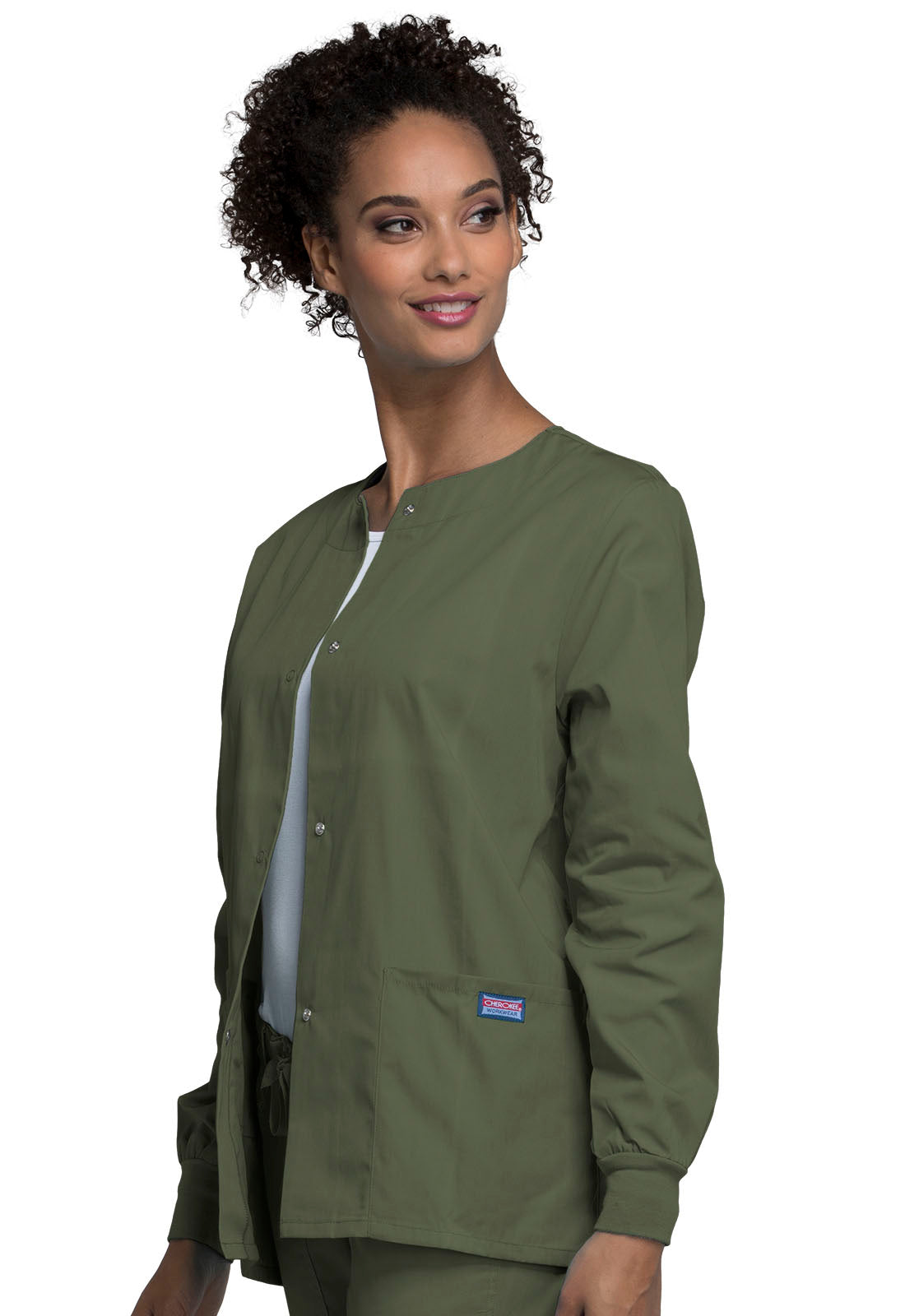 Originals 4350 Snap Front Warm-Up Jacket Olive Model Image Right Side | Cherokee Workwear