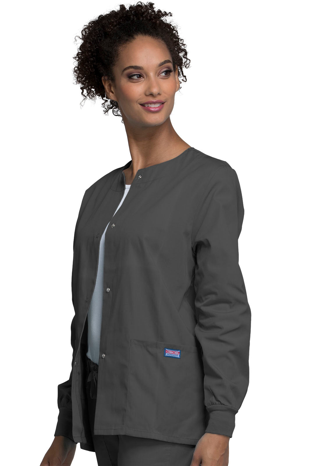 Originals 4350 Snap Front Warm-Up Jacket Pewter Model Image Right Side | Cherokee Workwear