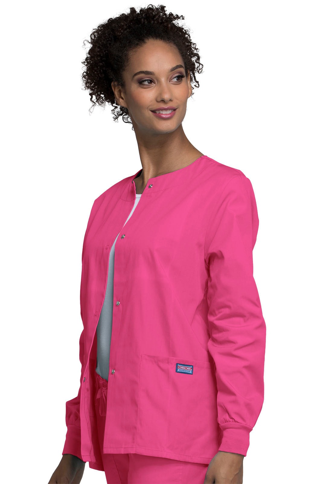 Originals 4350 Snap Front Warm-Up Jacket Shocking Pink Model Image Right Side | Cherokee Workwear