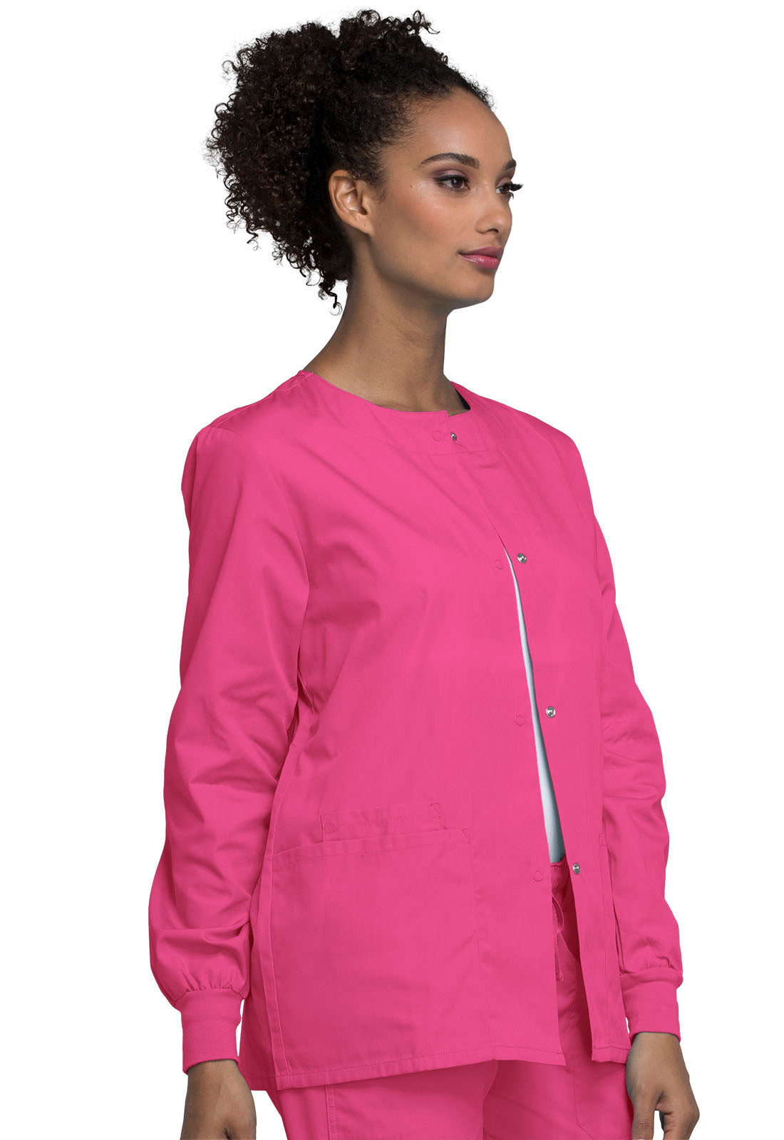 Originals 4350 Snap Front Warm-Up Jacket Shocking Pink Model Image Left Side | Cherokee Workwear