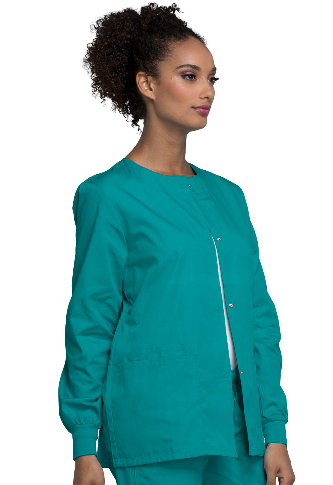 Originals 4350 Snap Front Warm-Up Jacket Teal Blue Model Image Left Side | Cherokee Workwear