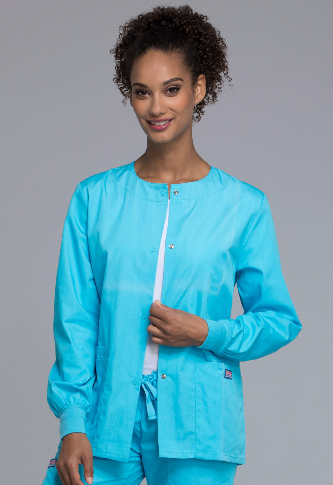 Originals 4350 Snap Front Warm-Up Jacket Turquoise Model Image Front | Cherokee Workwear