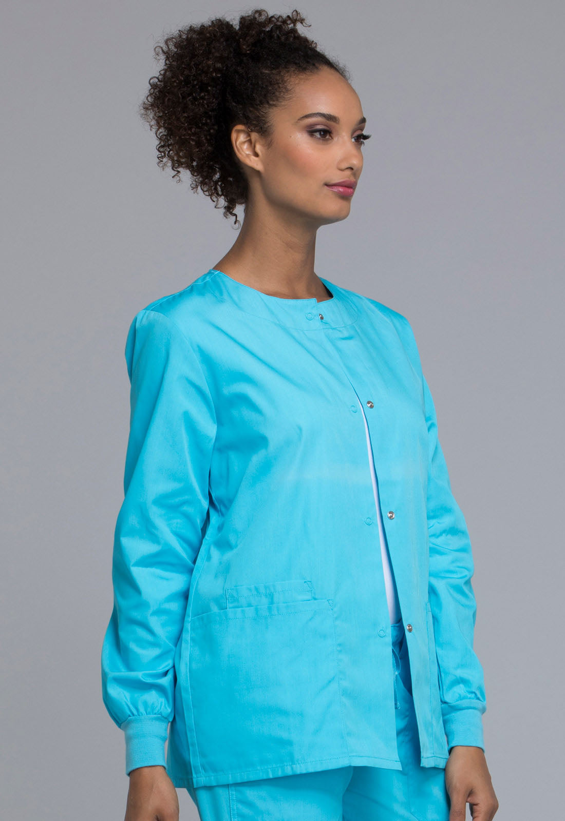 Originals 4350 Snap Front Warm-Up Jacket Turquoise Model Image Left Side | Cherokee Workwear