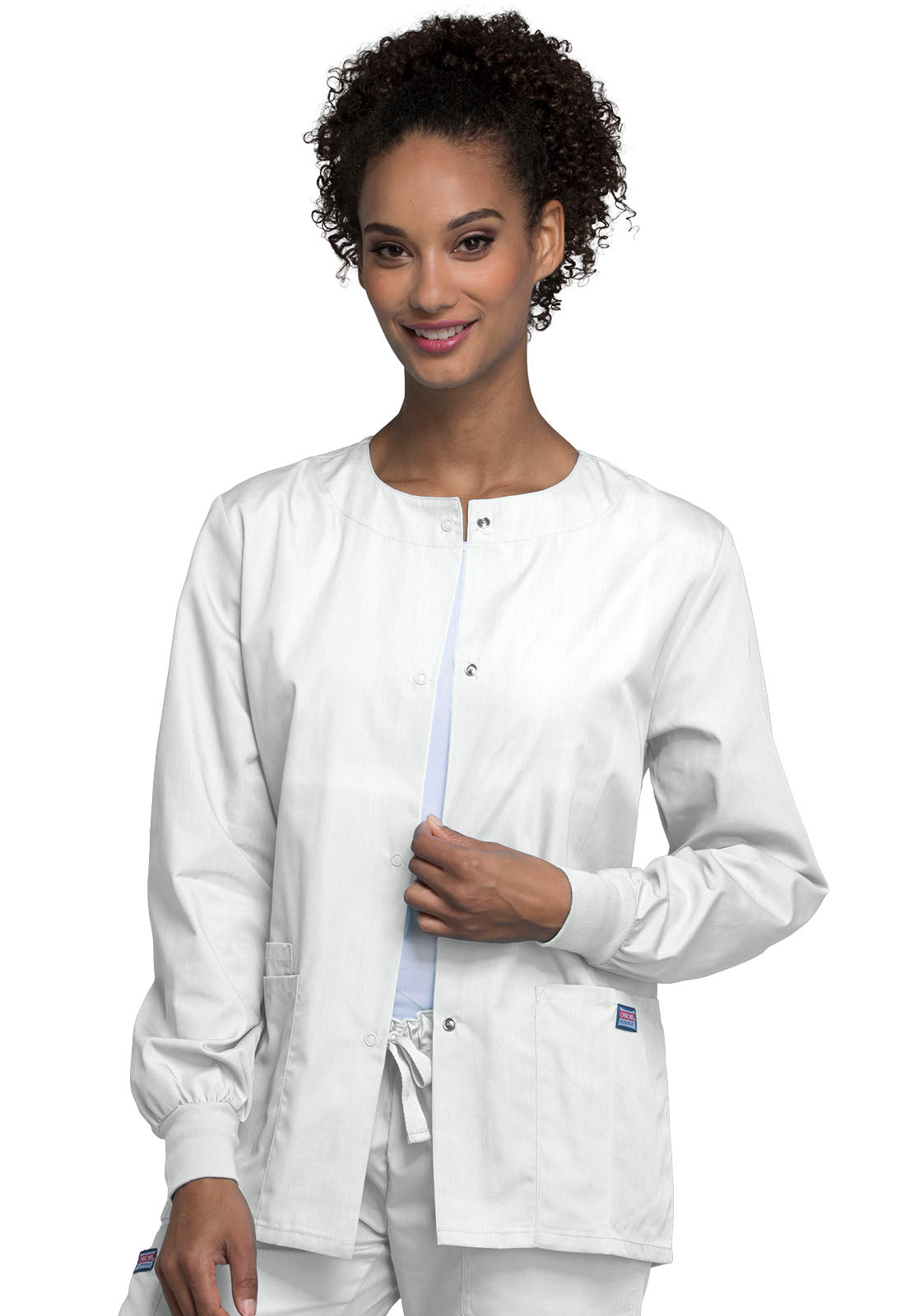 Originals 4350 Snap Front Warm-Up Jacket White Model Image Front | Cherokee Workwear