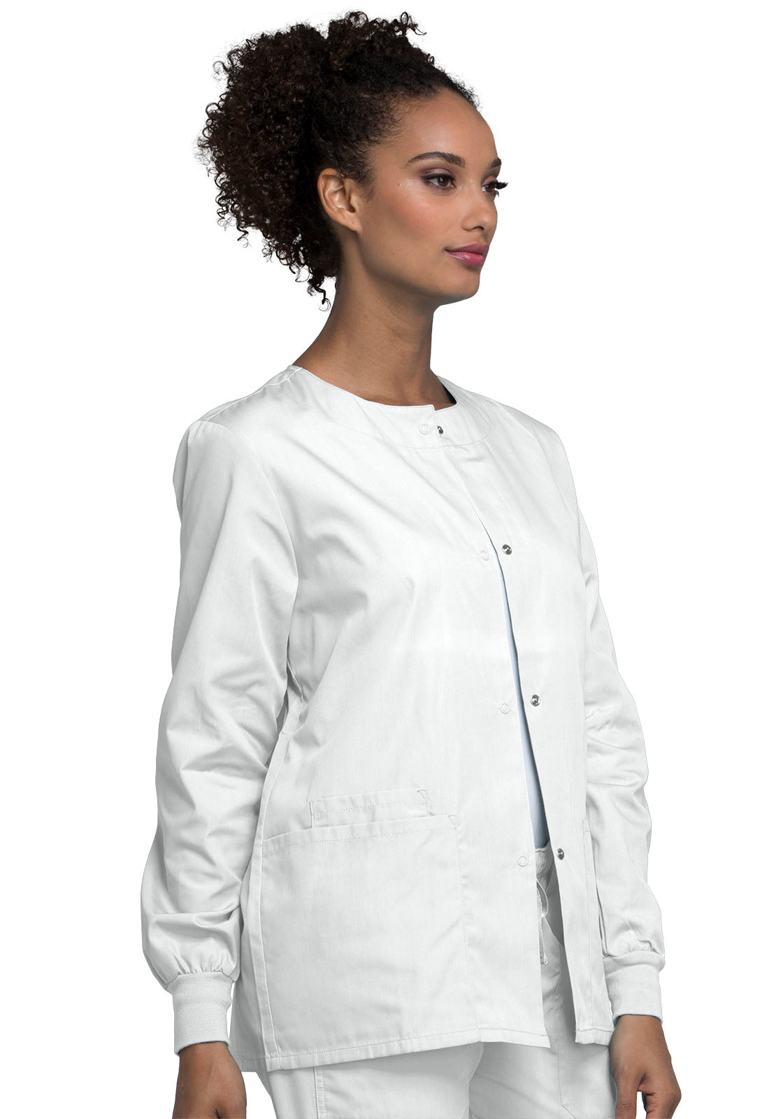 Originals 4350 Snap Front Warm-Up Jacket White Model Image Left Side | Cherokee Workwear