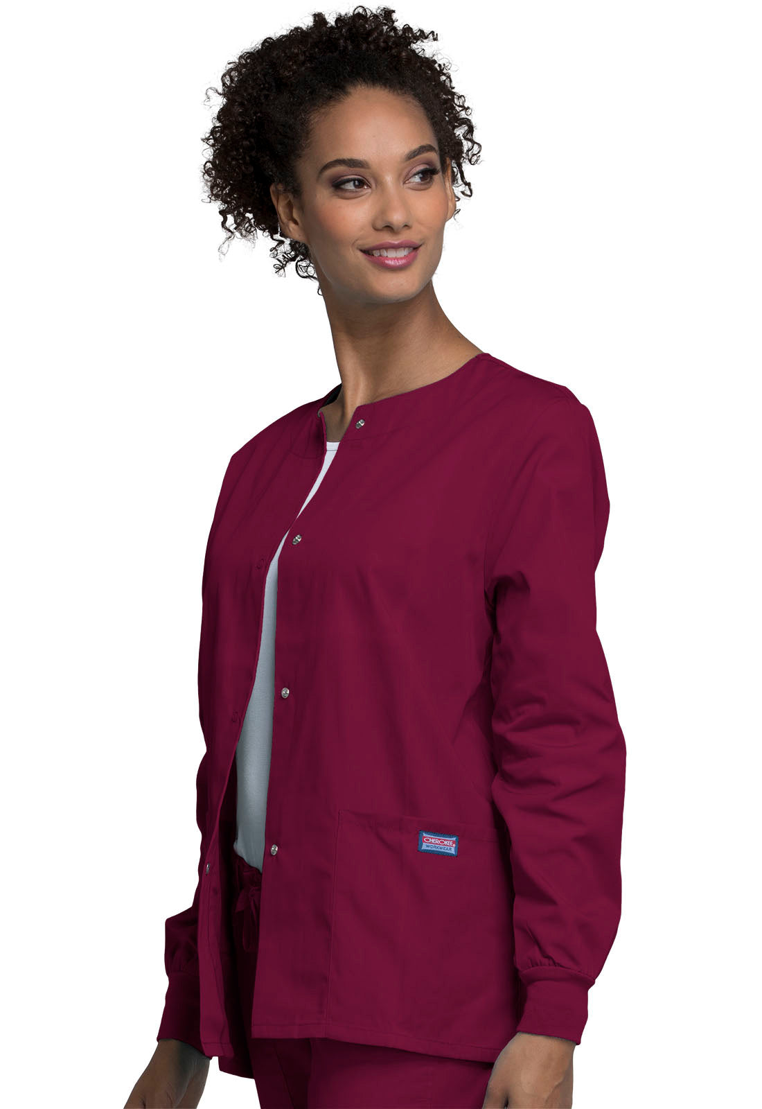 Originals 4350 Snap Front Warm-Up Jacket Wine Model Image Right Side | Cherokee Workwear