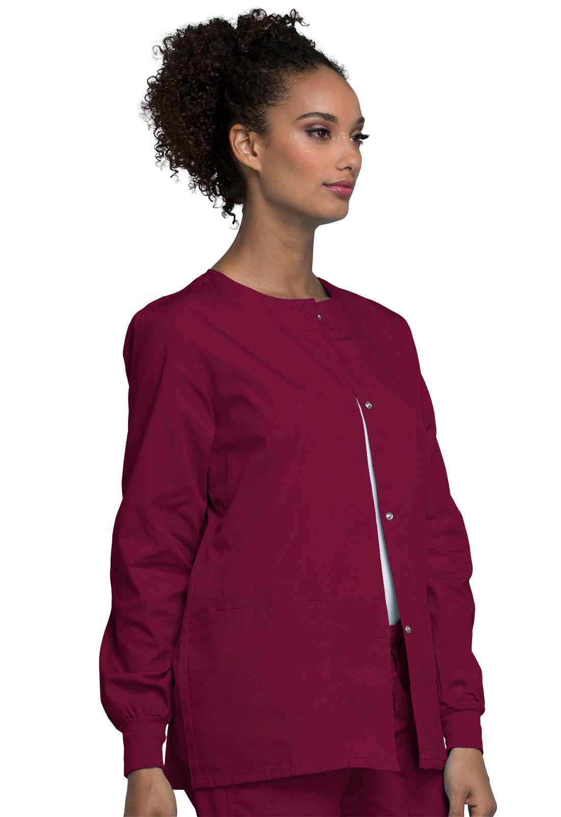 Originals 4350 Snap Front Warm-Up Jacket Wine Model Image Left Side | Cherokee Workwear