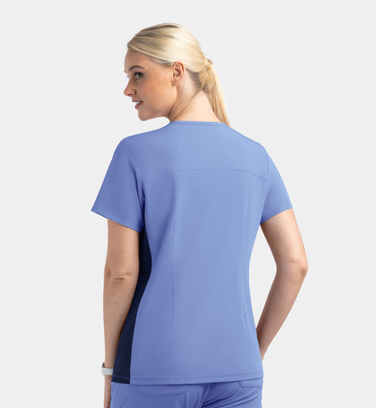 Matrix Impulse 4520 Women’s Mock Wrap Top with Contrast Knit Panels Ceil Blue