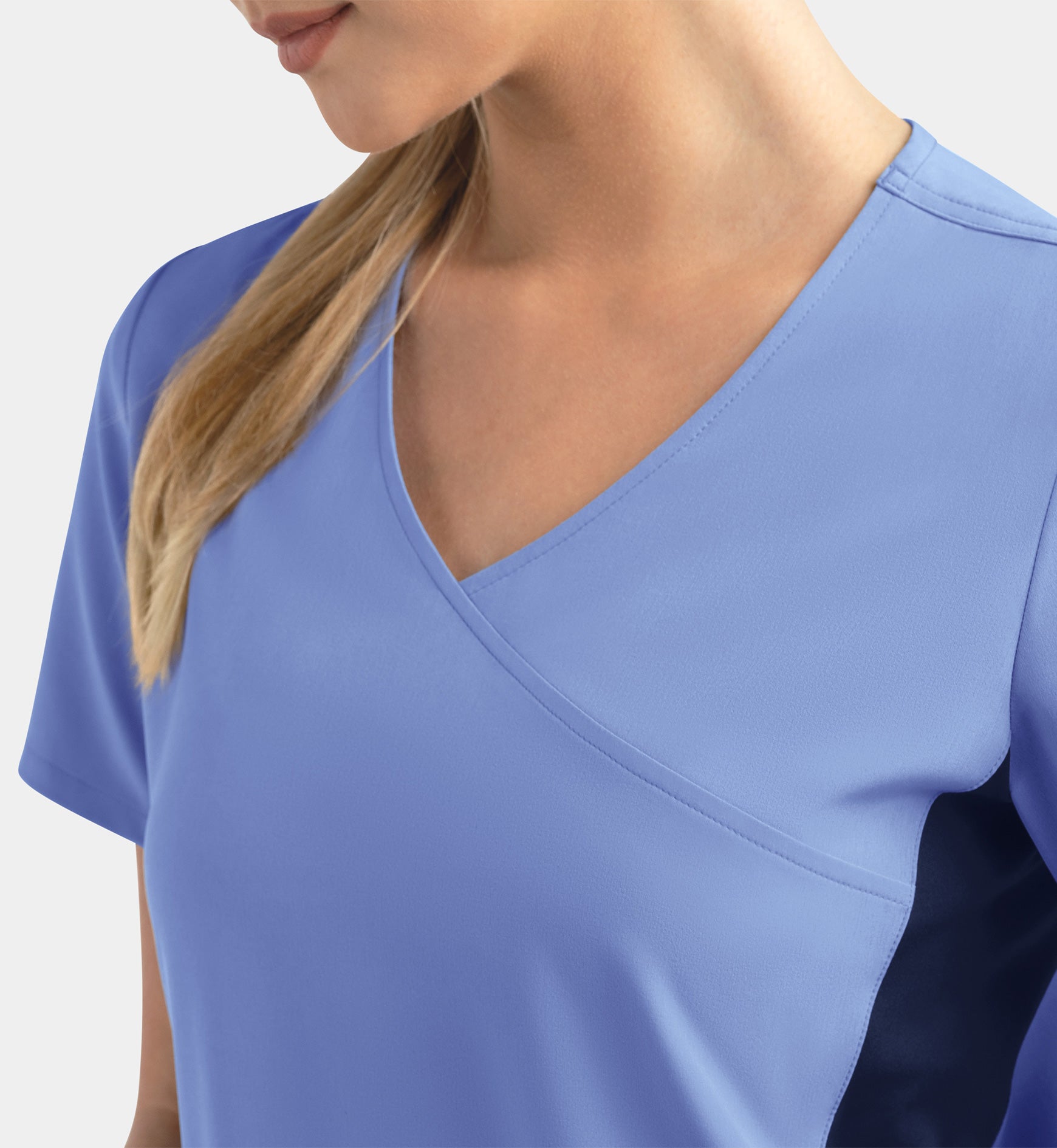 Matrix Impulse 4520 Women’s Mock Wrap Top with Contrast Knit Panels Ceil Blue