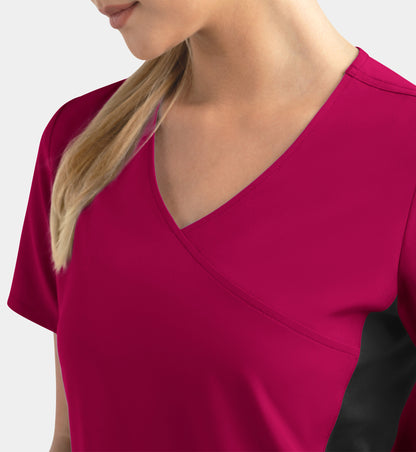 Matrix Impulse 4520 Women’s Mock Wrap Top with Contrast Knit Panels Cherries Jubilee