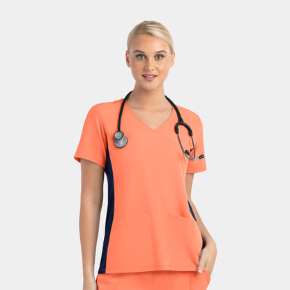 Matrix Impulse 4520 Women's Mock Wrap Top with Contrast Knit Panels Fresh Salmon