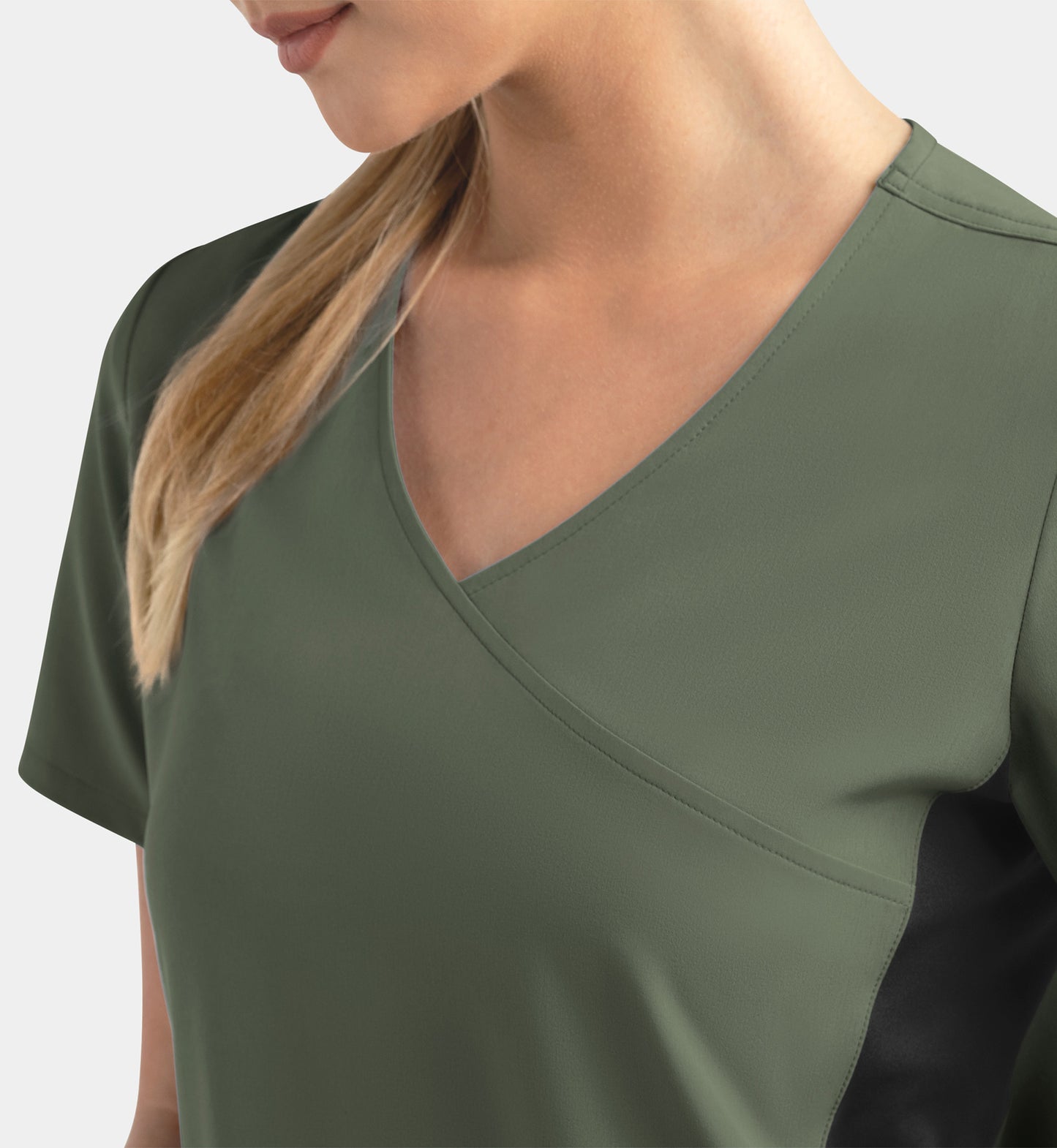 Matrix Impulse 4520 Women’s Mock Wrap Top with Contrast Knit Panels Olive