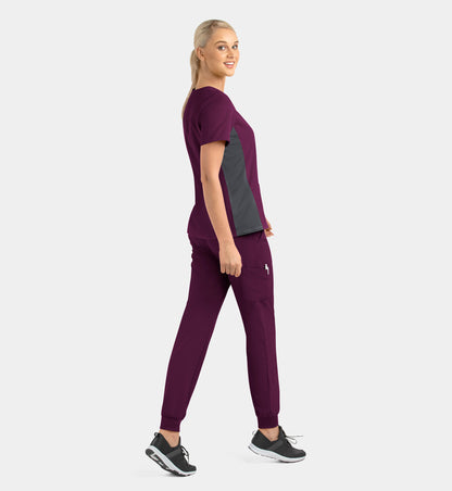 Matrix Impulse 4520 Women’s Mock Wrap Top with Contrast Knit Panels Wine