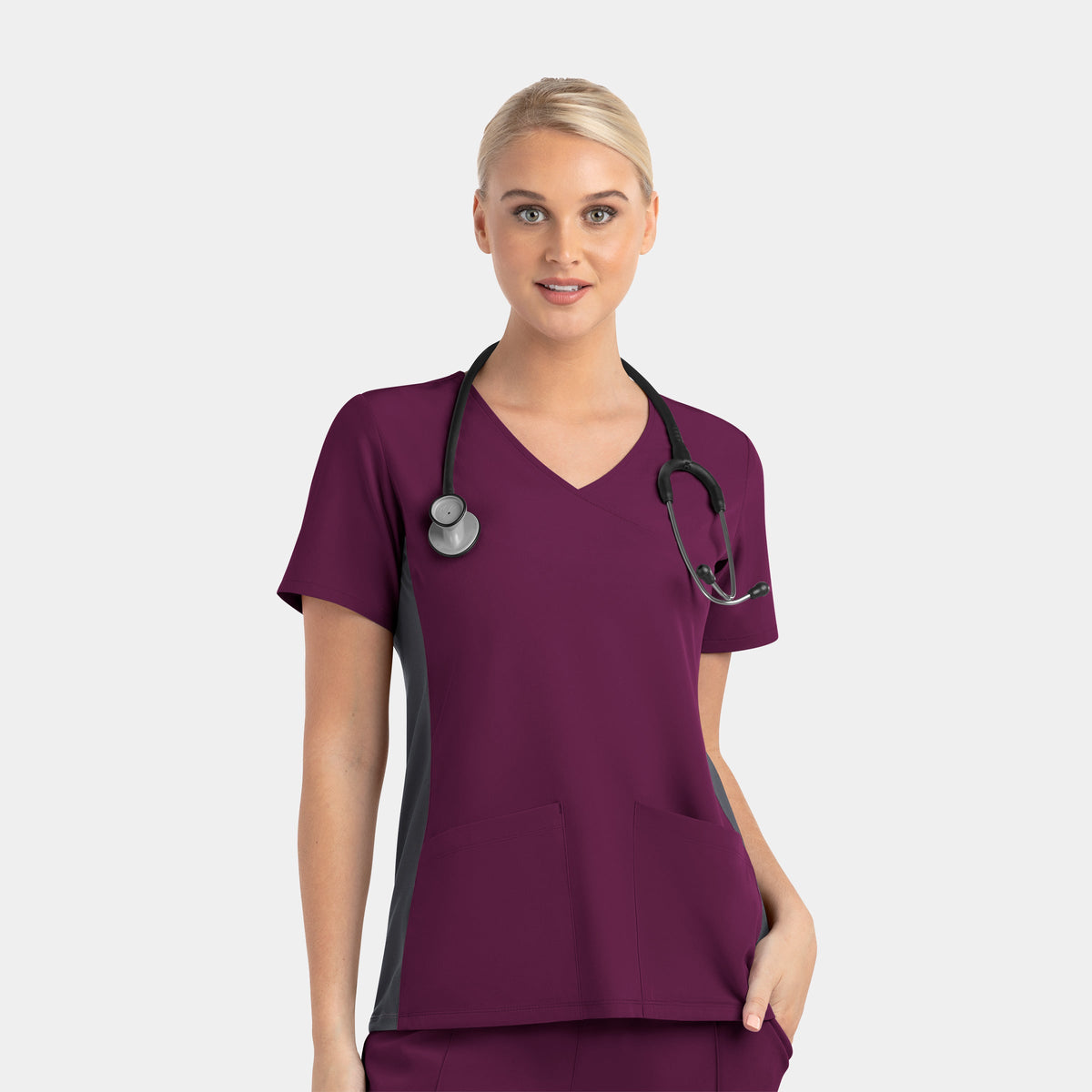 Matrix Impulse 4520 Women's Mock Wrap Top with Contrast Knit Panels Wine