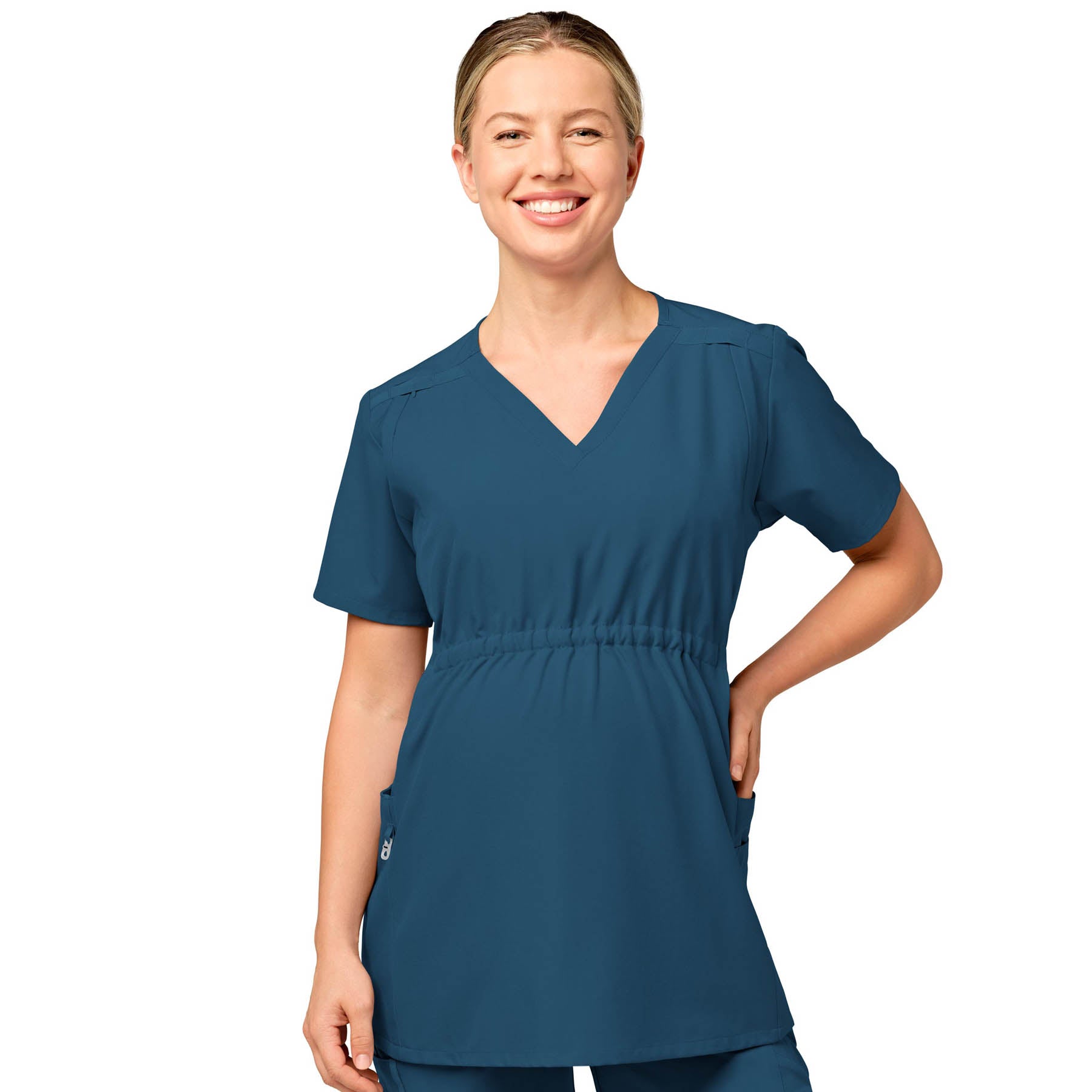 W123 4555 Maternity V-Neck Scrub Top Caribbean Blue Model Image Front | Wink