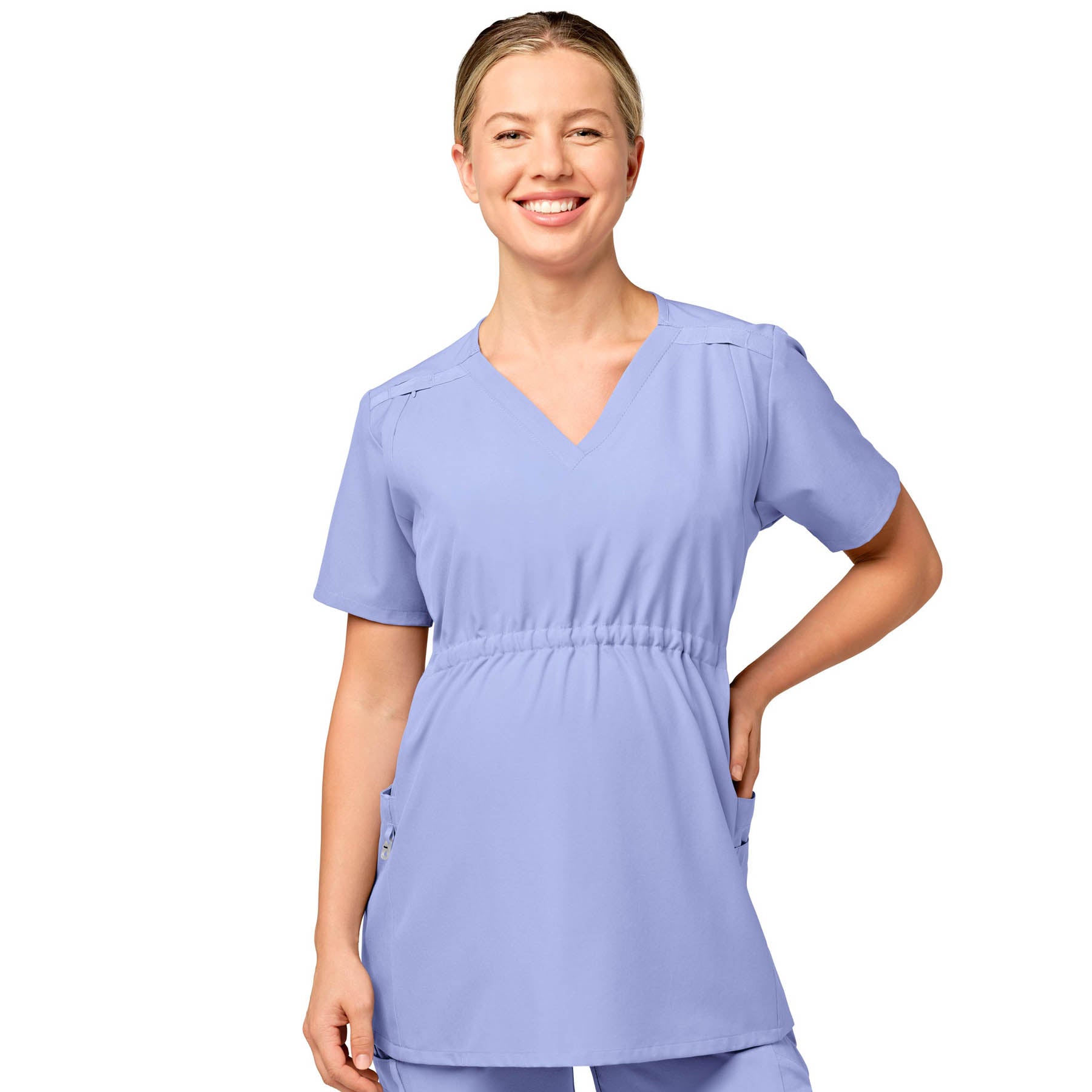 W123 4555 Maternity V-Neck Scrub Top Ceil Blue Model Image Front | Wink