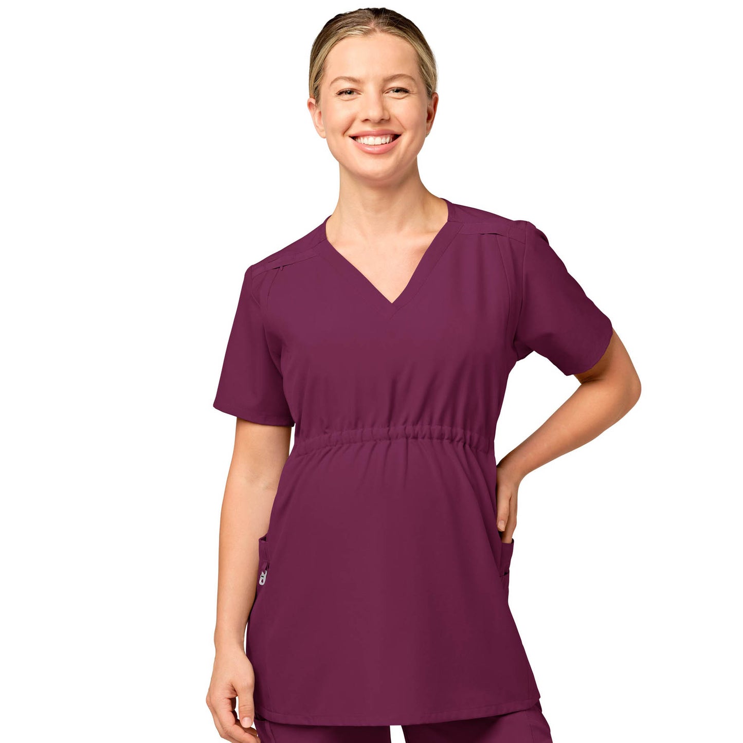 W123 4555 Maternity V-Neck Scrub Top Wine Model Image Front | Wink