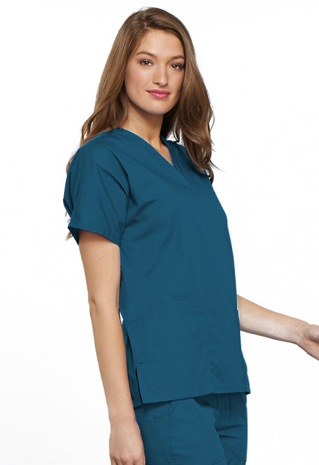 Originals 4700 V-Neck Top Caribbean Blue Model Image Left Side | Cherokee Workwear