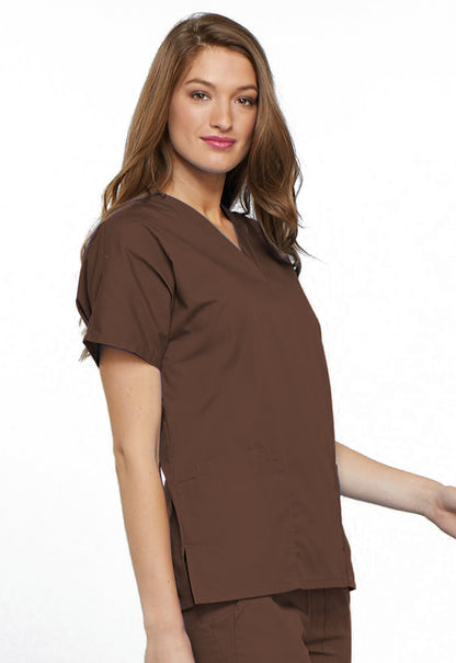 Originals 4700 V-Neck Top Chocolate Model Image Left Side | Cherokee Workwear