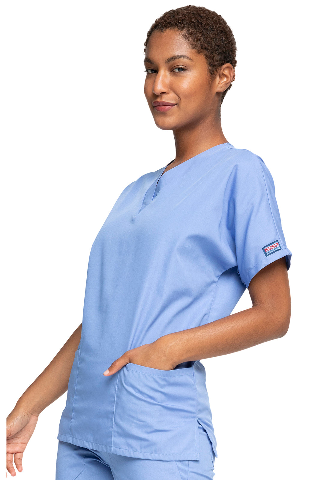 Originals 4700 V-Neck Top Ciel Model Image Right Side | Cherokee Workwear