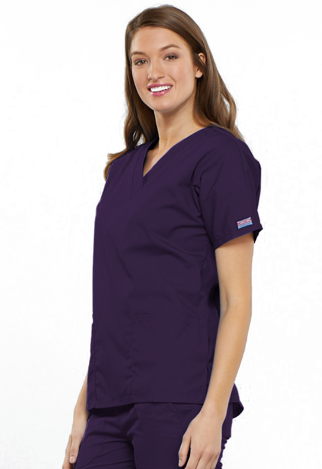 Originals 4700 V-Neck Top Eggplant Model Image Right Side | Cherokee Workwear