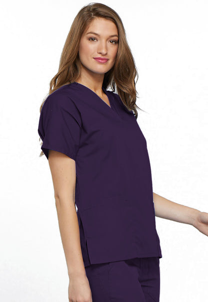 Originals 4700 V-Neck Top Eggplant Model Image Left Side | Cherokee Workwear