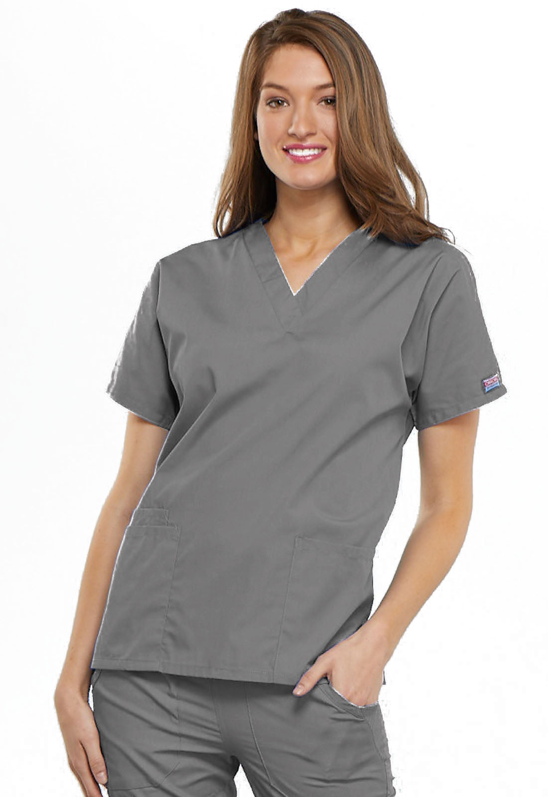 Originals 4700 V-Neck Top Grey Model Image Front | Cherokee Workwear