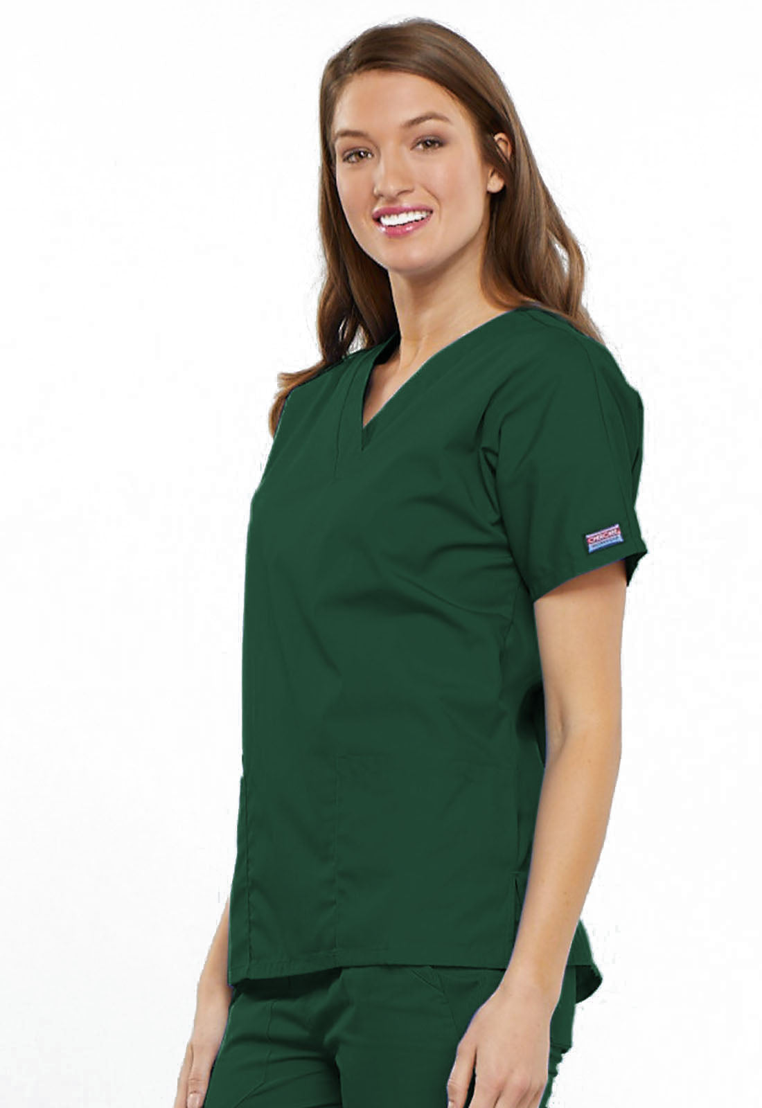 Originals 4700 V-Neck Top Hunter Green Model Image Right Side | Cherokee Workwear