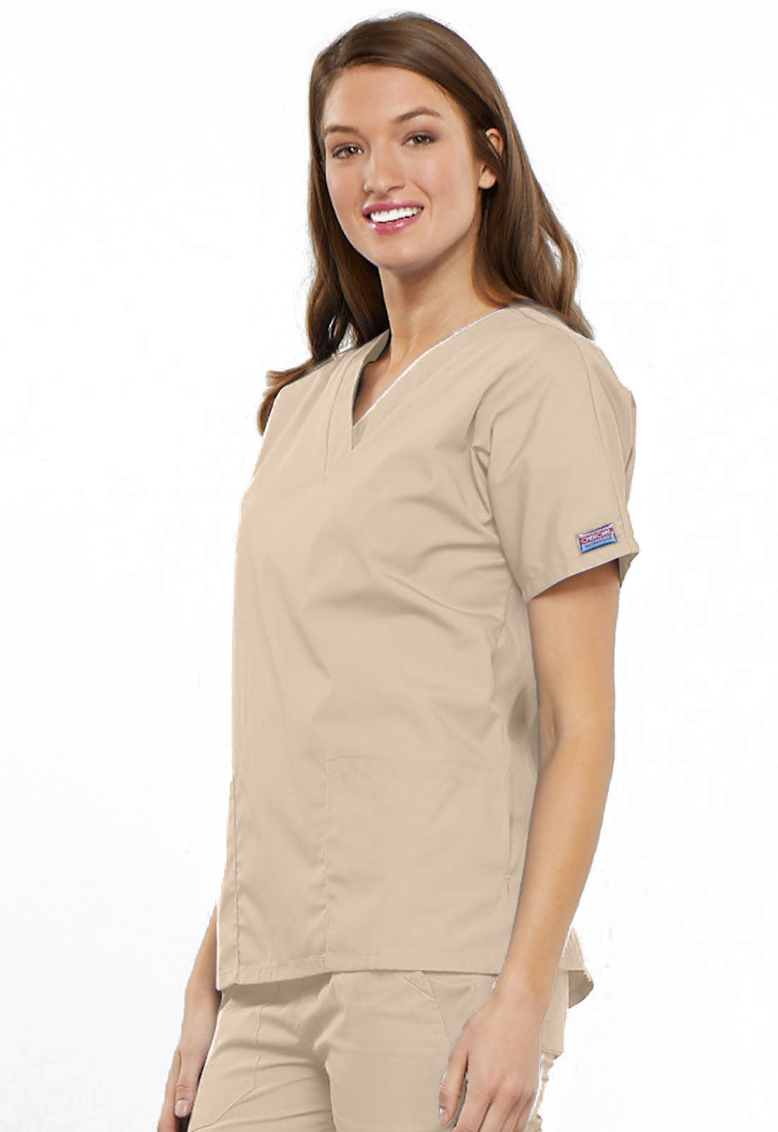 Originals 4700 V-Neck Top Khaki Model Image Right Side | Cherokee Workwear