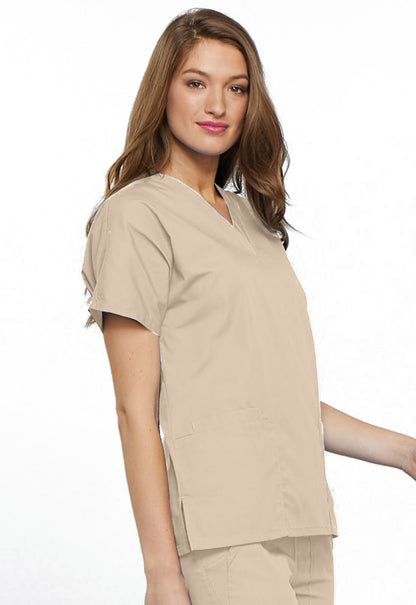 Originals 4700 V-Neck Top Khaki Model Image Left Side | Cherokee Workwear