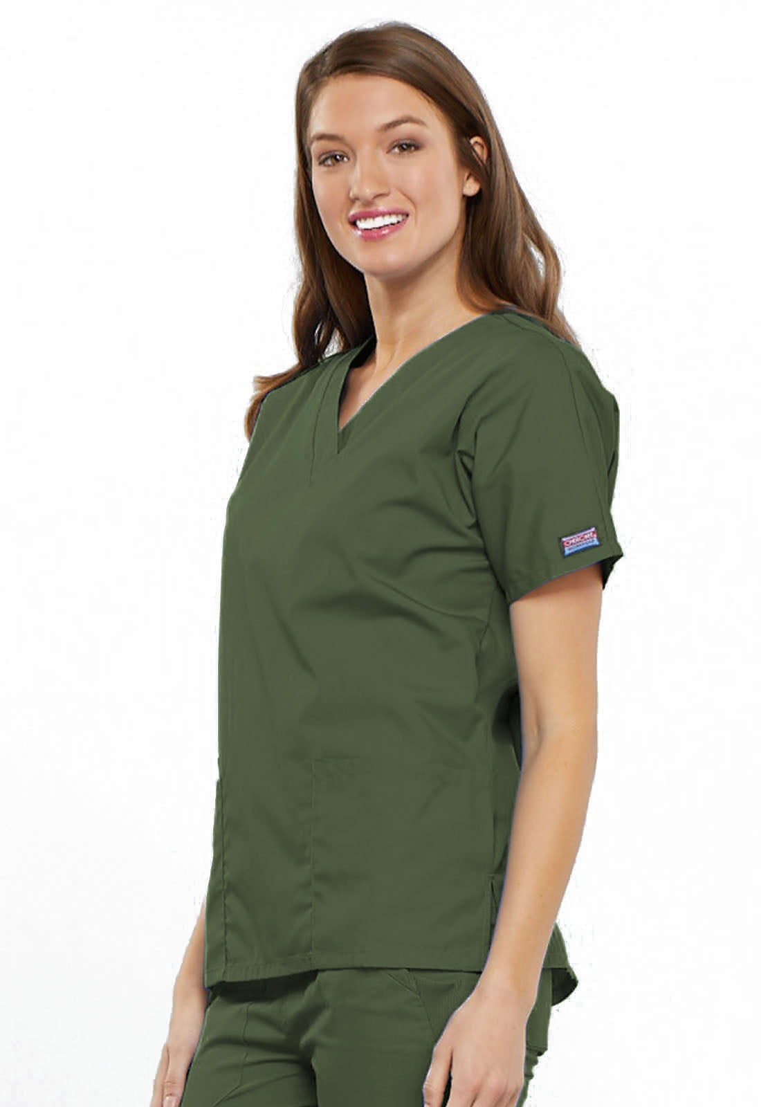 Originals 4700 V-Neck Top Olive Model Image Right Side | Cherokee Workwear