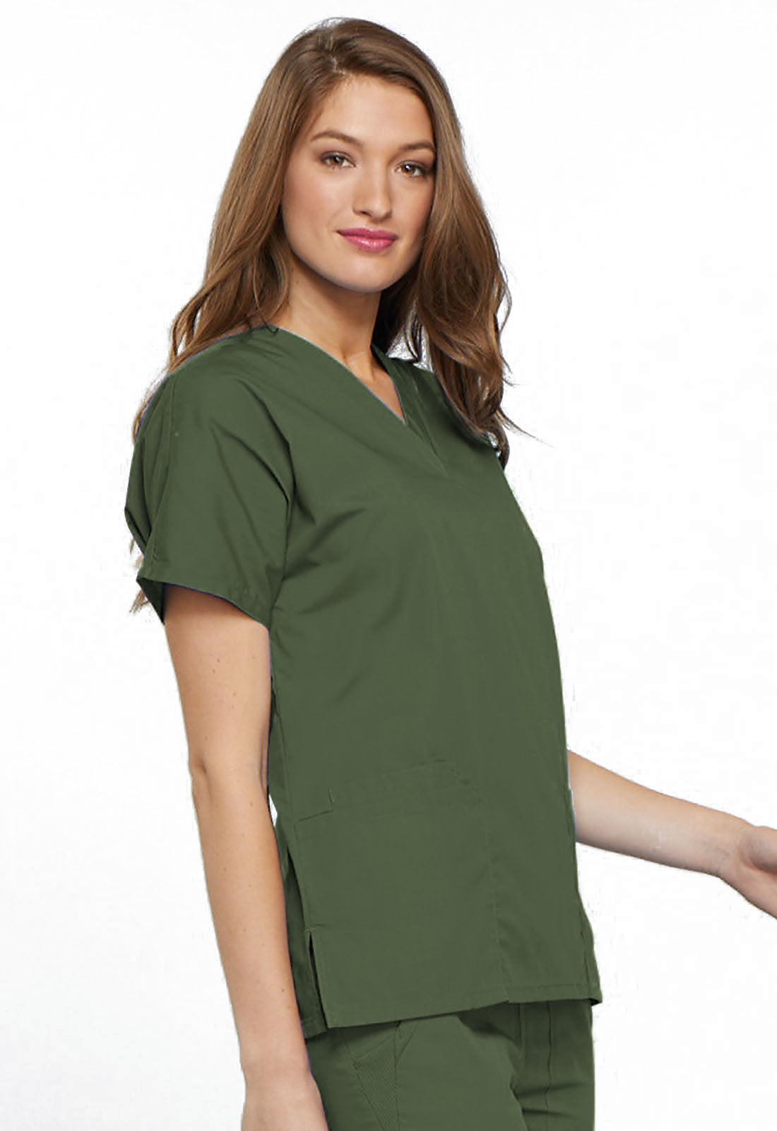 Originals 4700 V-Neck Top Olive Model Image Left Side | Cherokee Workwear