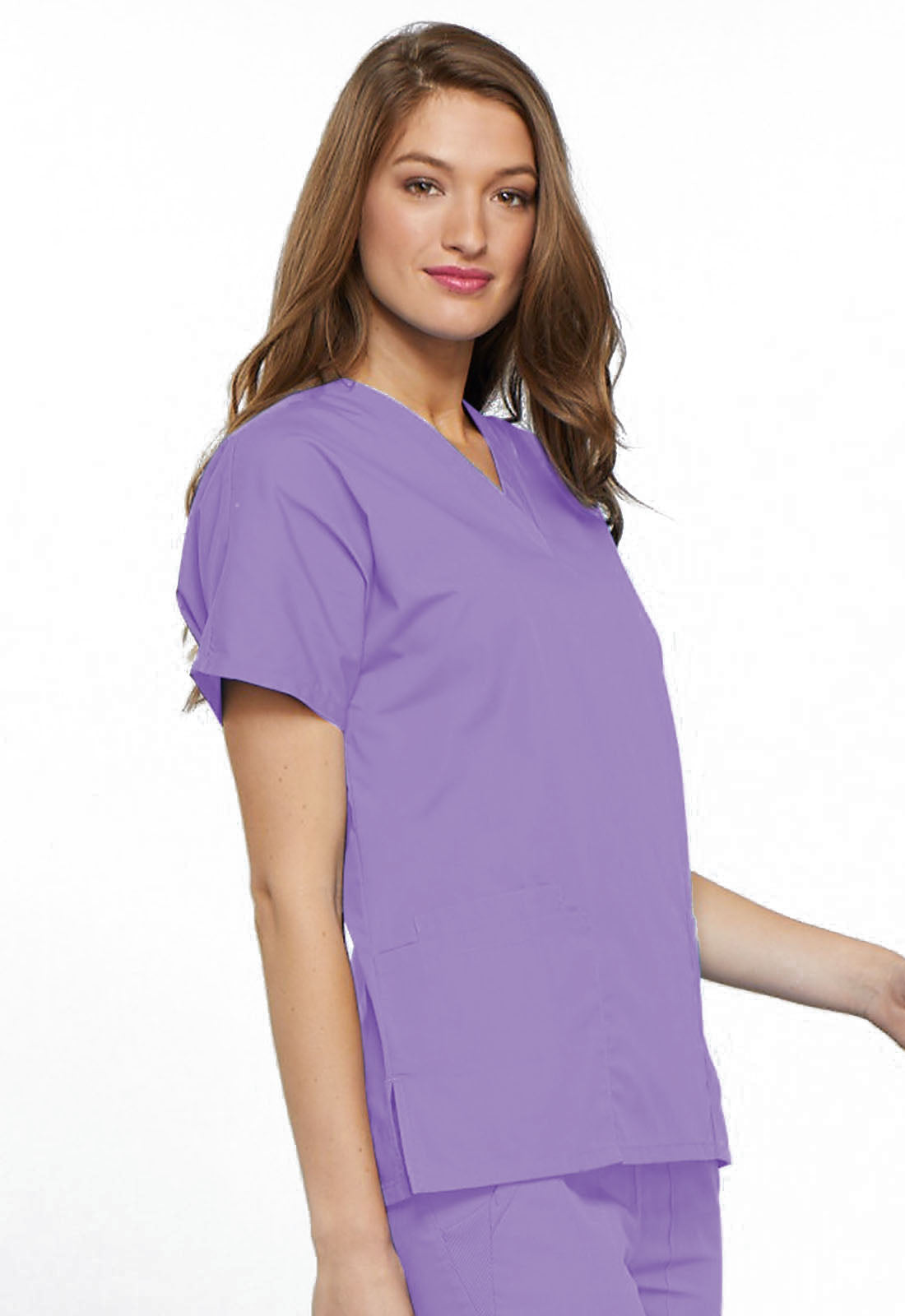 Originals 4700 V-Neck Top Orchid Model Image Left Side | Cherokee Workwear