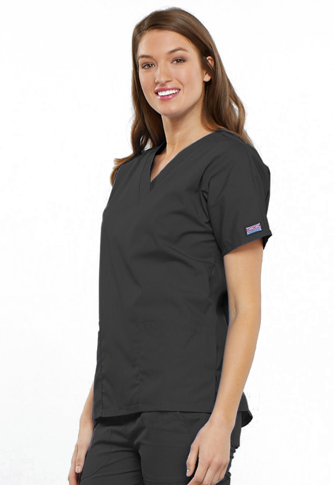 Originals 4700 V-Neck Top Pewter Model Image Right Side | Cherokee Workwear