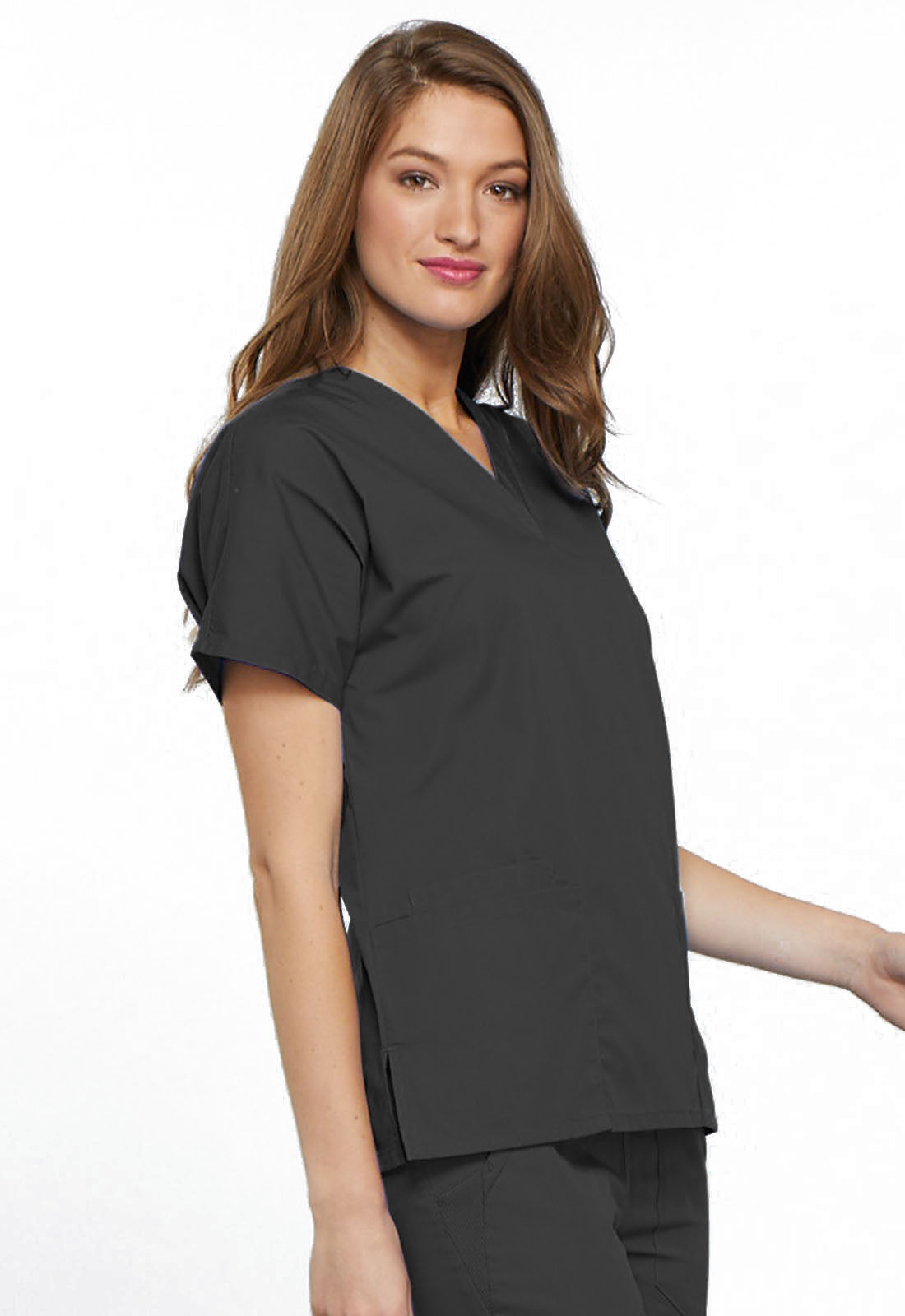 Originals 4700 V-Neck Top Pewter Model Image Left Side | Cherokee Workwear