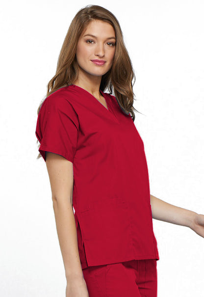 Originals 4700 V-Neck Top Red Model Image Left Side | Cherokee Workwear