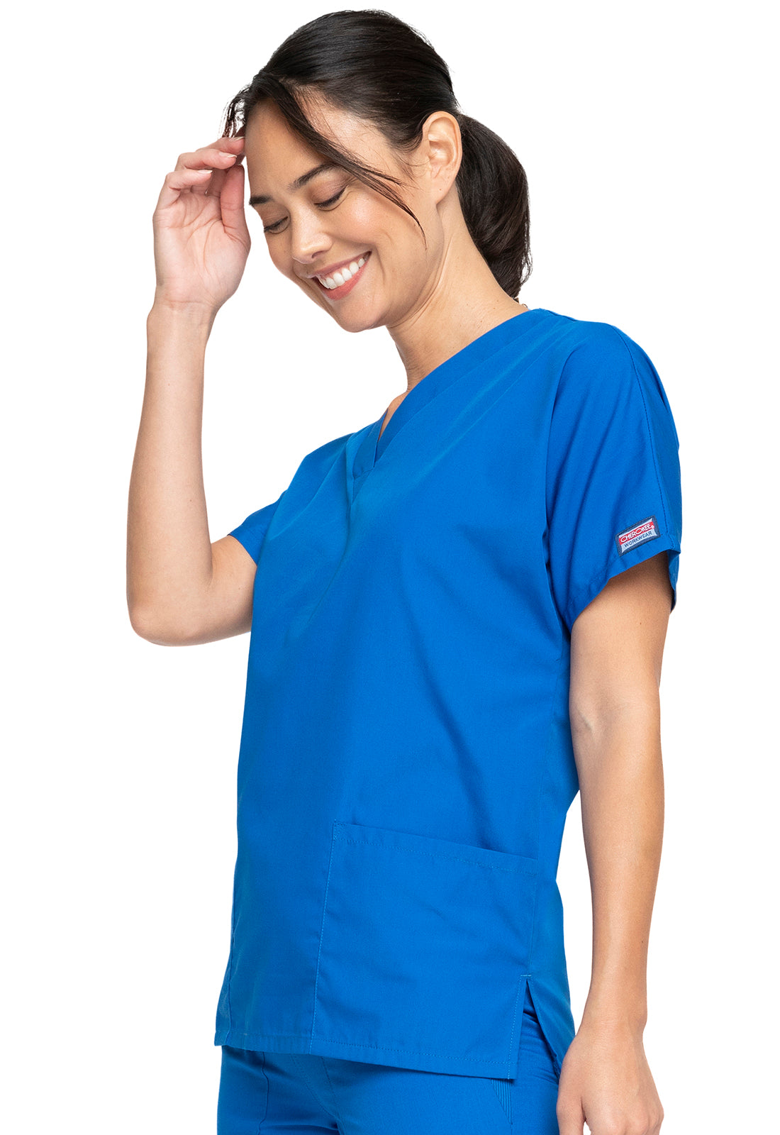 Originals 4700 V-Neck Top Royal Model Image Right Side | Cherokee Workwear