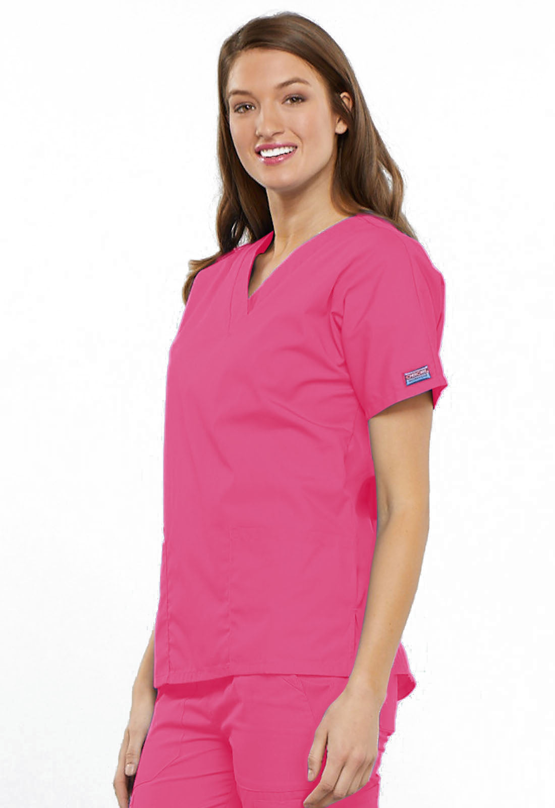 Originals 4700 V-Neck Top Shocking Pink Model Image Right Side | Cherokee Workwear