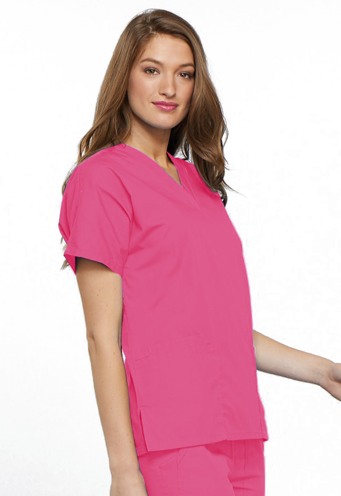 Originals 4700 V-Neck Top Shocking Pink Model Image Left Side | Cherokee Workwear