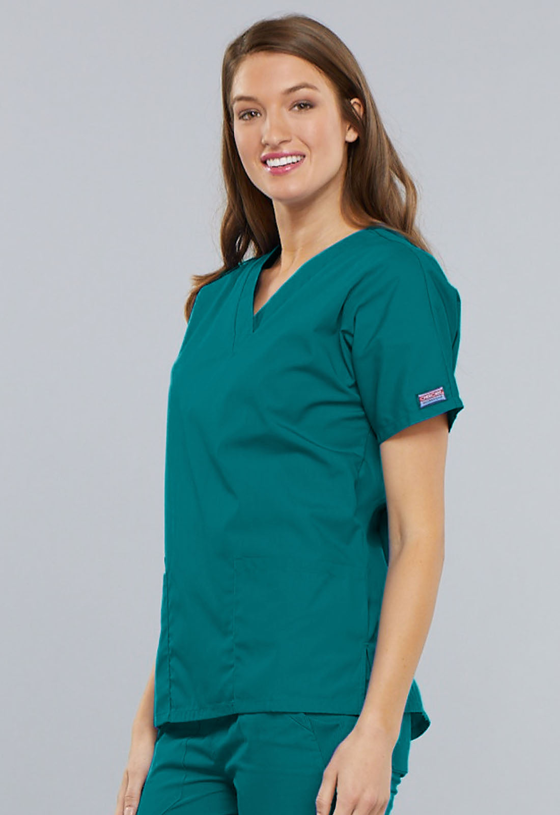 Originals 4700 V-Neck Top Teal Blue Model Image Right Side | Cherokee Workwear