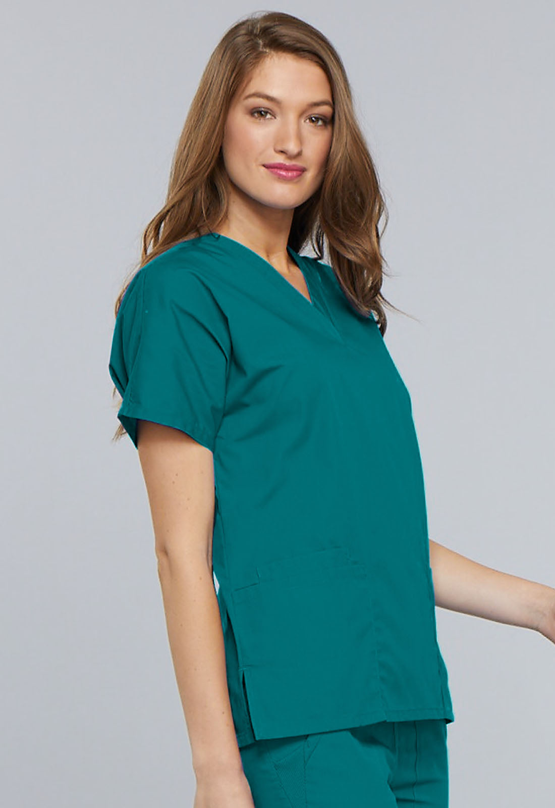 Originals 4700 V-Neck Top Teal Blue Model Image Left Side | Cherokee Workwear