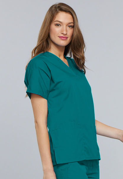 Originals 4700 V-Neck Top Teal Blue Model Image Left Side | Cherokee Workwear