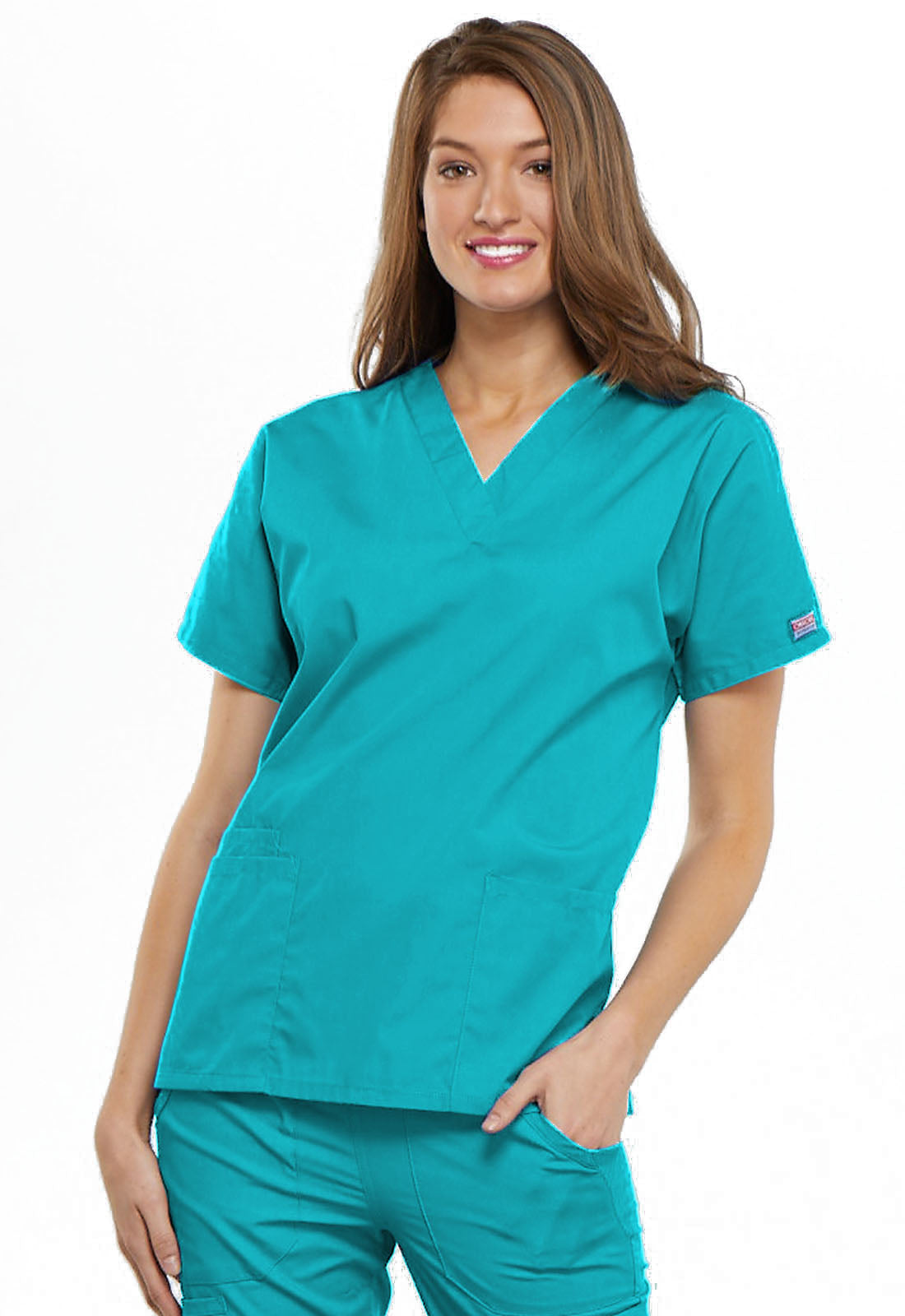 Originals 4700 V-Neck Top Turquoise Model Image Front | Cherokee Workwear