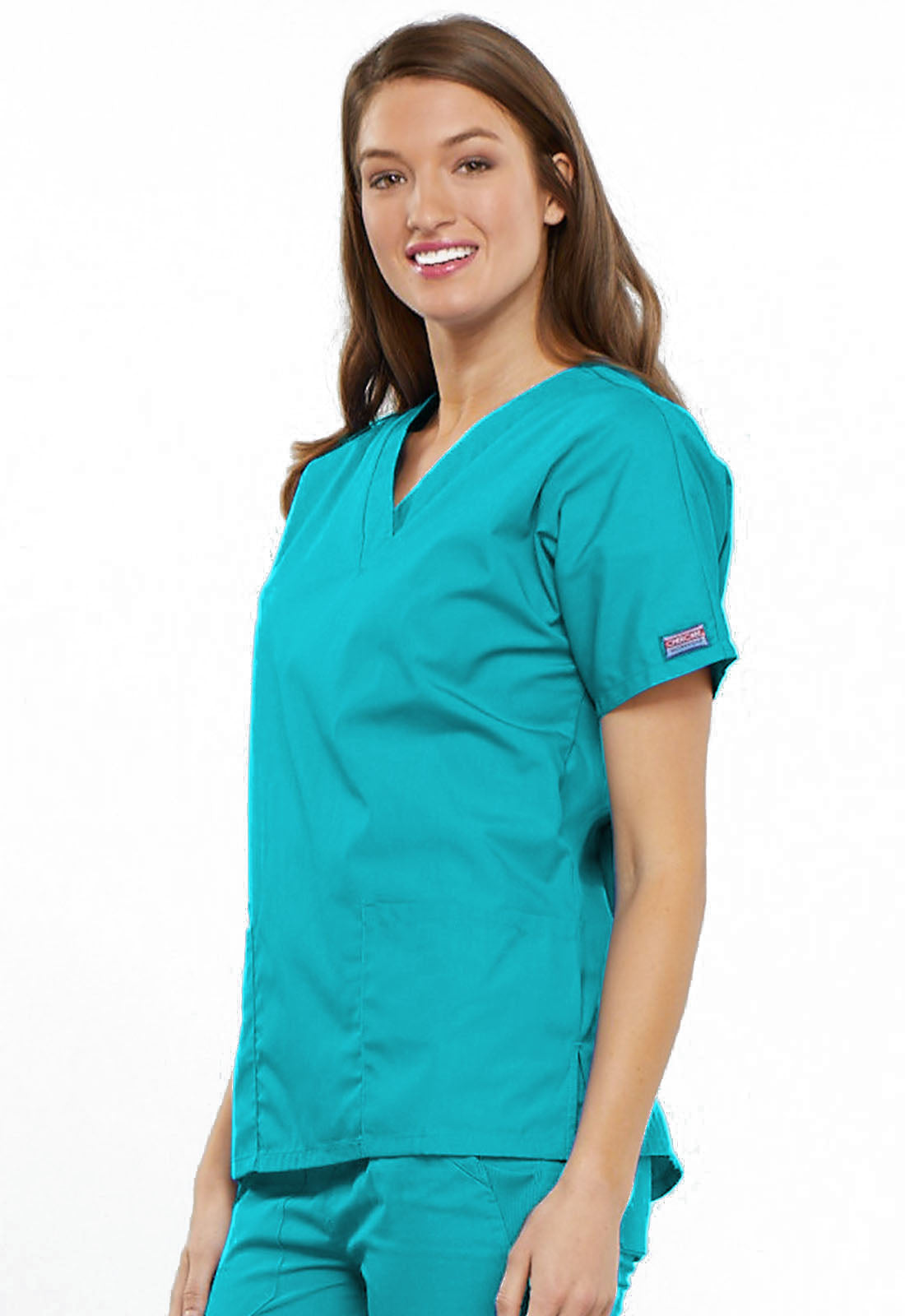 Originals 4700 V-Neck Top Turquoise Model Image Right Side | Cherokee Workwear