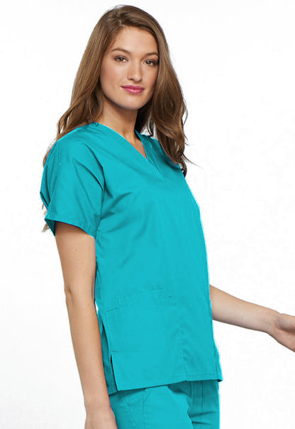 Originals 4700 V-Neck Top Turquoise Model Image Left Side | Cherokee Workwear