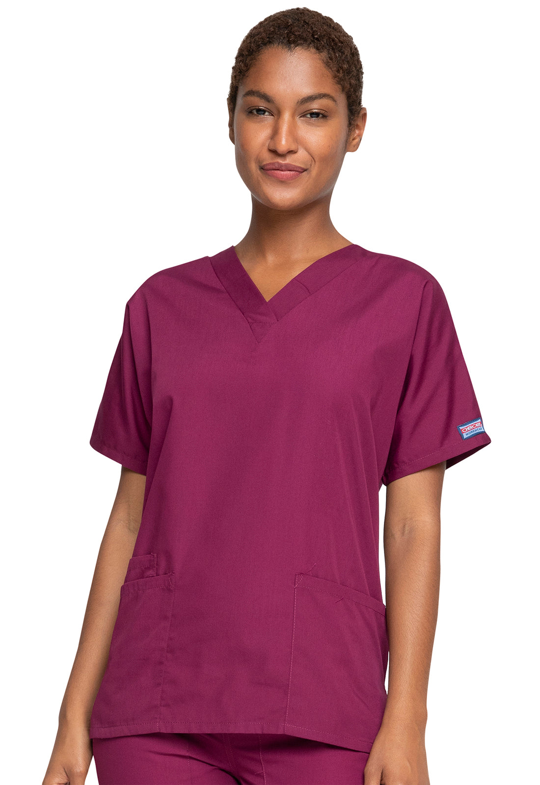 Originals 4700 V-Neck Top Wine Model Image Front | Cherokee Workwear